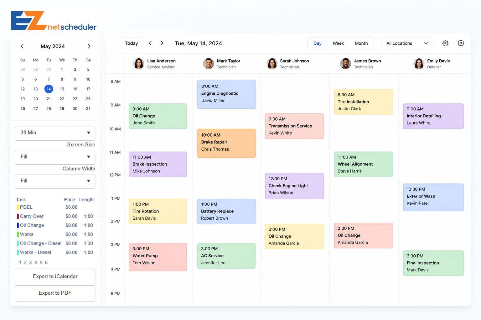 EZnet Scheduler calendar interface showing staff, appointments, and resource scheduling
