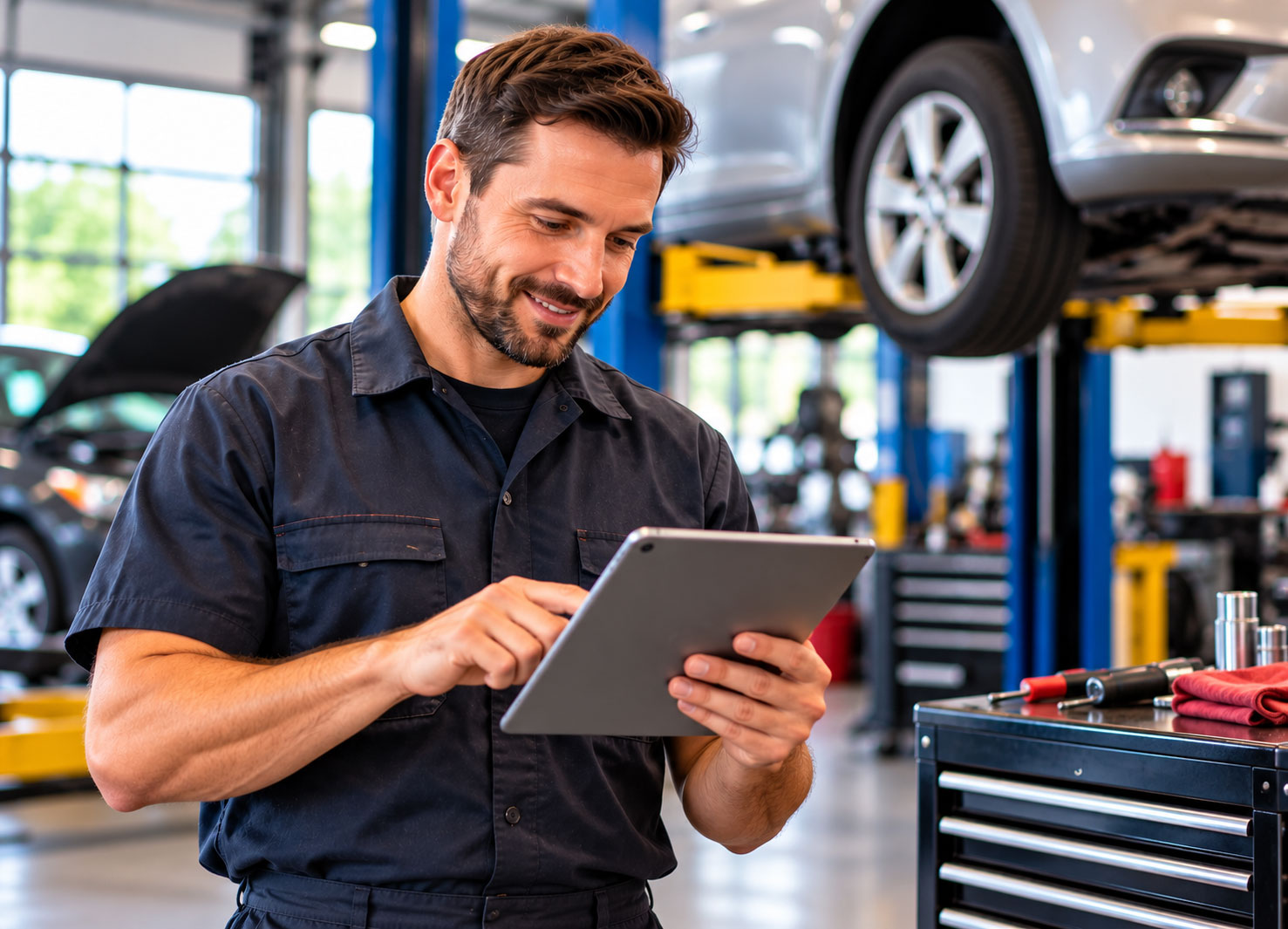 Service professional using a tablet to manage scheduling
